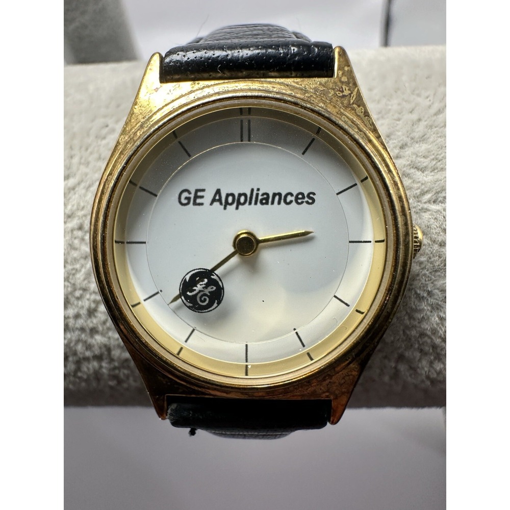 GE Appliances Ladies Watch 26MM 7.5" New Battery Black Leather Band Gold Tone Q